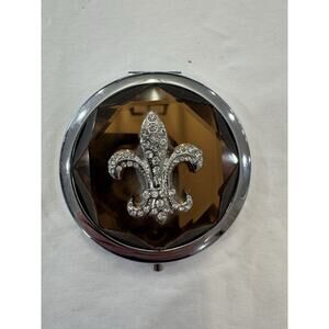Avon‎ Brown Enamel Rhinestone Fleur-de-Lis double mirror, compact